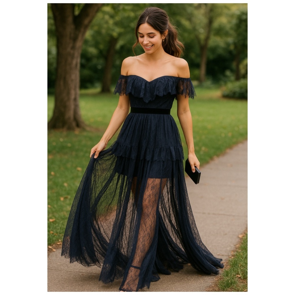 Self-Portrait Navy Blue Lace Off Shoulder Maxi Dress Formal Gown Size 2 NWT